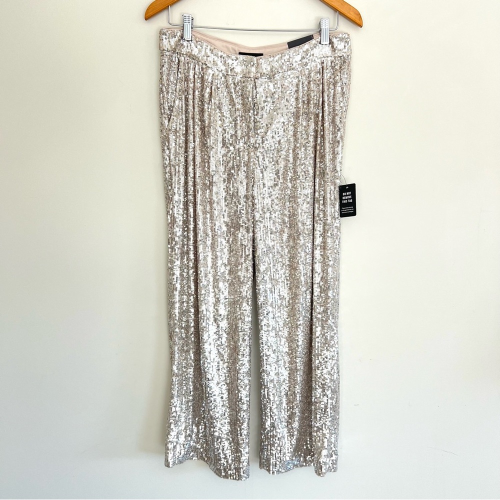 ♦️SOLD♦️EXPRESS Sequined Pleated High Rise Cropped Wide Leg Trousers Pants Sz M - Picture 3 of 16